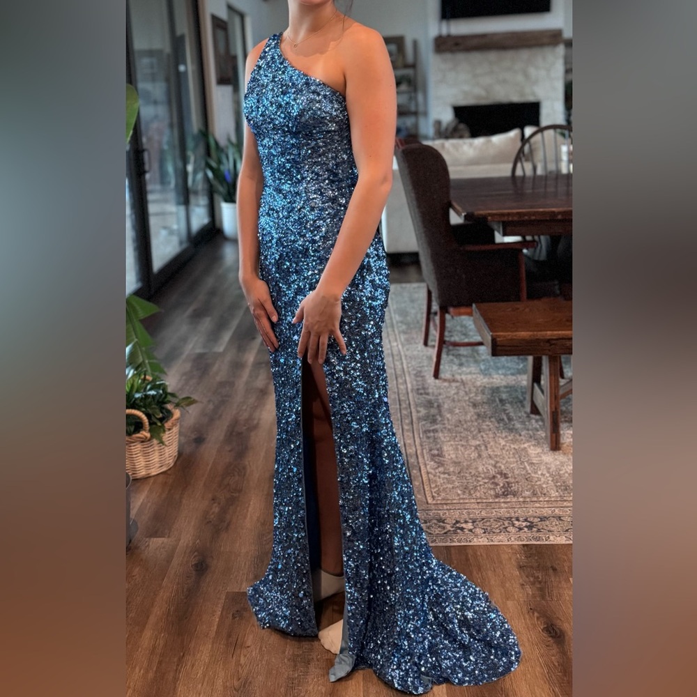 Sherri Hill Blue Sequin Gown One Shoulder Size 4 Style 54330